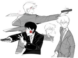 Rule 34 | 2boys, blood, blood on face, blush stickers, closed mouth, collared shirt, commentary, ekubo (mob psycho 100), english commentary, formal, greyscale, gun, handgun, highres, holding, holding gun, holding weapon, long sleeves, male focus, mob psycho 100, monochrome, mp100days, multiple boys, multiple views, necktie, reigen arataka, shirt, short hair, simple background, smile, spot color, suit, translation request, weapon, white background, yoshioka mamoru