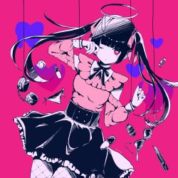 Rule 34 | 1girl, absurdres, bendy straw, black footwear, black hair, black skirt, borrowed design, bow, bow bra, bra, unworn bra, can, candy, commentary, darling dance (vocaloid), detached sleeves, drinking straw, fishnet pantyhose, fishnets, food, frilled skirt, frills, hair bow, halo, hatsune miku, head tilt, heart, heart-shaped pupils, heart-shaped lollipop, highres, katorea, kneeling, lollipop, long sleeves, looking at viewer, original, pantyhose, parted lips, pill, pink bow, pink shirt, pink sleeves, purple background, red eyes, shaped lollipop, shirt, shoes, skirt, skirt hold, sleeveless, sleeveless shirt, smile, solo, song name, symbol-shaped pupils, twintails, underwear, vocaloid