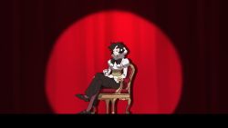 Rule 34 | 1girl, aged down, black hair, bow, bowtie, chair, closed eyes, closed mouth, commentary, creatures (company), crossed legs, cup, game freak, holding, holding cup, holding saucer, kekkai sensen, long sleeves, nintendo, opal (pokemon), pantyhose, parody, pokemon, pokemon swsh, saucer, shoes, short hair, sitting, smile, stage, stage curtains, sugar song and bitter step, teacup, zigzagdb