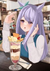 Rule 34 | 1girl, absurdres, alternate costume, animal ears, aqua bow, blue sweater, blurry, blurry background, blush, bow, cherry, commentary request, ear bow, food, fruit, highres, holding, holding food, holding fruit, horse ears, horse girl, juliet sleeves, long hair, long sleeves, mejiro mcqueen (umamusume), napkin, open mouth, parfait, puffy sleeves, purple eyes, purple hair, ribbon, solo, spoon, sweater, table, umamusume, upper body, wooden table, yokawa nagi