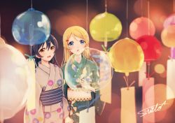 Rule 34 | 2girls, ayase eli, blonde hair, blue eyes, blue hair, blush, commentary request, festival, floral print, hair between eyes, hair down, highres, holding hands, interlocked fingers, japanese clothes, kimono, long hair, love live!, love live! school idol project, multiple girls, open mouth, signature, smile, sonoda umi, suito, tanabata, yellow eyes, yukata, yuri