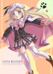 Rule 34 | 1girl, bad id, bad pixiv id, blonde hair, blue eyes, bow, cape, fang, hat, little busters!, mako (lovely panda house), noumi kudryavka, outstretched arms, pink bow, plaid, plaid skirt, school uniform, skirt, solo, spread arms, thighhighs