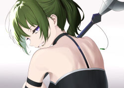 Rule 34 | 1girl, arm strap, bare back, bare shoulders, commentary request, from behind, gradient background, green hair, grey background, grin, highres, looking at viewer, looking back, n t (user ezmk2485), ponytail, purple eyes, short hair, smile, solo, sousou no frieren, staff, ubel (sousou no frieren), upper body