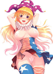 Rule 34 | 1girl, :d, absurdres, aged up, alternate legwear, american flag, american flag dress, american flag legwear, arms behind head, arms up, blonde hair, blue eyes, breastless clothes, breasts, breasts out, cameltoe, card, cleft of venus, clownpiece, commentary request, covered erect nipples, cowboy shot, dress, gradient hair, groin, hat, head tilt, highres, jester cap, joker (playing card), large breasts, long hair, looking at viewer, maebari, multicolored hair, neck ruff, open mouth, pasties, pink hair, playing card, polka dot headwear, purple eyes, purple hat, shiny skin, short sleeves, sidelocks, simple background, smile, solo, star (symbol), star pasties, thighhighs, touhou, tro, upskirt, white background