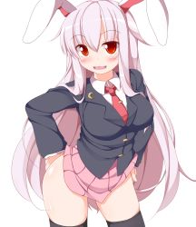 Rule 34 | 1girl, :3, animal ears, black thighhighs, blazer, blush, breasts, clothes lift, collared shirt, commentary request, contrapposto, cowboy shot, crescent, hands on own hips, hip focus, jacket, large breasts, long hair, long sleeves, looking at viewer, necktie, nikku (ra), no panties, open mouth, pink skirt, pleated skirt, purple hair, rabbit ears, red eyes, red necktie, reisen udongein inaba, revision, shirt, simple background, skirt, skirt lift, smile, solo, standing, thighhighs, thighs, touhou, very long hair, white background, wing collar