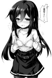 Rule 34 | 1girl, ai takurou, asashio (kancolle), blush, bra, breasts, buttons, collarbone, dress, greyscale, hair between eyes, kantai collection, long hair, long sleeves, looking at viewer, monochrome, open clothes, open mouth, open shirt, pantyhose, pinafore dress, polka dot, polka dot bra, shirt, simple background, sleeveless, sleeveless dress, small breasts, solo, sweat, sweatdrop, translation request, underwear, white background