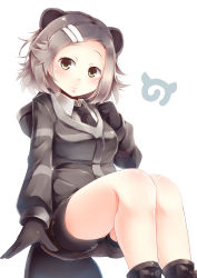 Rule 34 | 10s, 1girl, absurdres, animal ears, beaver ears, beaver tail, black footwear, black gloves, black necktie, black shorts, blush, boots, character request, closed mouth, collared shirt, commentary request, feet out of frame, gloves, green eyes, grey hair, grey hoodie, hair ornament, hairclip, highres, hood, hoodie, japari symbol, kanzakietc, kemono friends, long sleeves, looking at viewer, necktie, shirt, short hair, shorts, simple background, sitting, smile, solo, tail, white background, white shirt