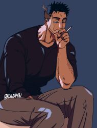 Rule 34 | 1boy, arm hair, balnom, bara, bored, cigarette, elbow rest, feet out of frame, holding, holding cigarette, jitome, large pectorals, looking ahead, male focus, mature male, muscular, muscular male, original, pectorals, shirt, short hair, sitting, smoking, solo, t-shirt, thick eyebrows, wavy hair