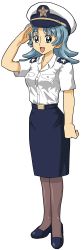 Rule 34 | 1girl, absurdres, full body, hat, highres, kasuga (kasuga39), long image, matching hair/eyes, navy, aged up, open mouth, pantyhose, salute, skirt, smile, solo, standing, tall image, transparent background, uniform, wikipe-tan, wikipedia