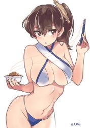 Rule 34 | 10s, 1girl, alternate costume, asymmetrical clothes, bare arms, bare legs, bare shoulders, breasts, brown eyes, brown hair, food, kaga (kancolle), kantai collection, large breasts, looking to the side, nattou, navel, open mouth, revealing clothes, sensen, side ponytail, sideboob, simple background, solo, swimsuit, wide hips