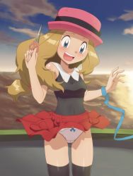 Rule 34 | 1girl, absurdres, bare shoulders, black shirt, black thighhighs, blue eyes, blue ribbon, bow, bow panties, breasts, brown hair, cameltoe, cloud, cowboy shot, creatures (company), embarrassed, game freak, gazing eye, hat, highres, leash, long hair, low ponytail, miniskirt, nintendo, open mouth, outdoors, panties, pink hat, pink panties, pleated skirt, pokemon, pokemon (anime), pokemon xy, pokemon xy (anime), porkpie hat, red skirt, ribbon, scissors, serena (pokemon), shirt, skirt, sky, sleeveless, sleeveless shirt, small breasts, solo, thighhighs, underwear, wind, wind lift