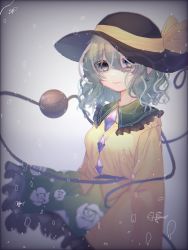 Rule 34 | 1girl, arms at sides, black hat, blouse, bow, bubble, buttons, closed mouth, commentary, diamond button, false smile, fish bone, floral print, frilled skirt, frilled sleeves, frills, green eyes, green hair, green skirt, hair between eyes, hat, hat bow, highres, komeiji koishi, long sleeves, looking at viewer, medium hair, rose print, sabapi oo, shirt, skirt, smile, solo, third eye, touhou, upper body, wavy hair, wide sleeves, yellow bow, yellow shirt