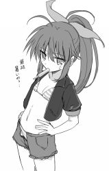 Rule 34 | 1girl, ahoge, bikini, bow, cowboy shot, cropped jacket, flat chest, food, food in mouth, fuuka reventon, greyscale, hair bow, hako roku, hands on own hips, jacket, jacket over swimsuit, looking at viewer, lyrical nanoha, monochrome, ponytail, popsicle, short sleeves, shorts, sketch, solo, striped bikini, striped clothes, sweat, swimsuit, vivid strike!