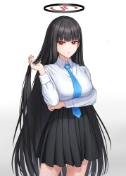 Rule 34 | 1girl, absurdres, alternate costume, alternate hairstyle, black hair, black skirt, blue archive, blue necktie, blunt bangs, collared shirt, commentary, crossed arms, durian12, english commentary, hair down, hair ornament, hairclip, halo, high-waist skirt, highres, long hair, long sleeves, looking at viewer, necktie, playing with own hair, pleated skirt, red eyes, rio (blue archive), school uniform, shirt, sidelocks, simple background, skirt, solo, summer uniform, white background, white shirt