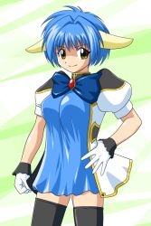 Rule 34 | 00s, 1girl, alternate breast size, animal ears, blue hair, breasts, dress, galaxy angel, gloves, goriate, looking at viewer, military, military uniform, mint blancmanche, puffy sleeves, short dress, short hair, solo, thighhighs, uniform, yellow eyes, zettai ryouiki