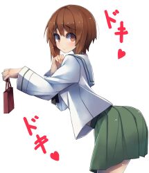 Rule 34 | 1girl, absurdres, black neckerchief, blouse, blush, brown eyes, brown hair, closed mouth, commentary, from side, frown, gift, gift bag, girls und panzer, green skirt, heart, heartbeat, highres, holding, holding gift, leaning forward, looking at viewer, midriff peek, miniskirt, neckerchief, nishizumi miho, ooarai school uniform, pleated skirt, sailor collar, sattinittas, school uniform, shirt, short hair, simple background, skirt, solo, standing, translated, valentine, white background, white sailor collar, white shirt