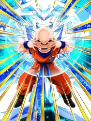 1boy bald bald_male black_eyes dokkan_battle dragon_ball kuririn looking_at_viewer official_art serious solar_flare solo tagme taiyoken