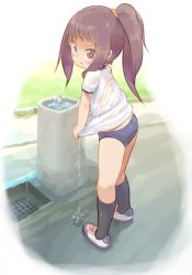 Rule 34 | 1girl, annoyed, aoi tori, ass, bad id, bad pixiv id, blush, brown eyes, brown hair, buruma, drinking fountain, from behind, gym uniform, kneehighs, long hair, looking back, original, ponytail, see-through, shirt, socks, solo, water, wet, wet clothes, wet shirt, wringing clothes
