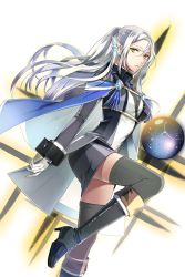 Rule 34 | 1girl, arm at side, black background, black thighhighs, blue cape, blue ribbon, boots, cape, earrings, gloves, green eyes, jewelry, knee boots, long hair, looking at viewer, mariel (soccer spirits), official art, pencil skirt, ponytail, ribbon, sidelocks, simple background, skirt, soccer spirits, solo, thighhighs, transparent background, tuuuh, very long hair, white gloves, white hair