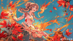 Rule 34 | 2023, 2girls, :d, artist name, bandaged arm, bandaged hand, bandages, black wristband, blue background, blue eyes, blue pants, braid, brown hair, clenched hands, clothes around waist, double bun, elemental (creature), fire, fire elemental, flaming hand, floating hair, flower, hair bun, highres, krab (fumekrab), long hair, low twin braids, midriff, multiple girls, navel, open mouth, pants, pyrokinesis, red flower, reverse:1999, shirt, short sleeves, smile, spathodea (reverse:1999), sweat, t-shirt, teeth, twin braids, ulu (reverse:1999), upper teeth only, weibo logo, weibo watermark, white shirt