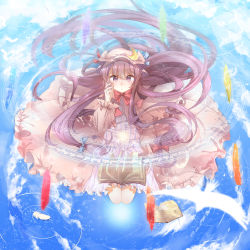 Rule 34 | 1girl, 3000 xiao chun, absurdres, bird, blue sky, book, bow, capelet, cloud, coat, crescent, crystal, dress, feathers, grimoire, hat, highres, long hair, looking at viewer, magic circle, open clothes, open coat, patchouli knowledge, purple eyes, purple hair, sky, solo, striped clothes, striped dress, touhou, very long hair, water, waves
