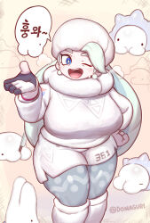 Rule 34 | 1girl, absurdres, aqua pantyhose, artist name, blue eyes, blush, breasts, clenched hand, commentary, commentary request, creatures (company), domaguri, earrings, english commentary, feet out of frame, fur hat, game freak, gen 8 pokemon, gloves, green hair, hand on own hip, hat, highres, jewelry, korean commentary, korean text, large breasts, long hair, long sleeves, looking at viewer, mature female, melony (pokemon), mixed-language commentary, nintendo, one eye closed, open hand, open mouth, outline, pantyhose, pantyhose under shorts, pokemon, pokemon swsh, shorts, snom, solo, speech bubble, standing, sweatdrop, thick eyebrows, thick thighs, thighs, translation request, twitter username, ushanka, white gloves, white hat, white outline, white shorts, yellow background
