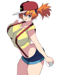 Rule 34 | 1girl, absurdres, alternate breast size, aqua eyes, ass, asymmetrical hair, bare arms, bare legs, bare shoulders, baseball cap, blue eyes, blush, breasts, butt crack, cowboy shot, creatures (company), curvy, denim, denim shorts, fang, fangs, game freak, gym leader, hair between eyes, hat, highres, holding, holding poke ball, huge breasts, kouno (masao), large breasts, legs, looking at viewer, misty (pokemon), nintendo, open mouth, orange hair, poke ball, pokemon, pokemon (anime), pokemon (classic anime), ponytail, shiny skin, shirt, short hair, short ponytail, short shorts, shorts, side ponytail, sideboob, simple background, sleeveless, sleeveless shirt, smile, solo, suspenders, tank top, teeth, thighs, underwear, wide hips, yellow shirt