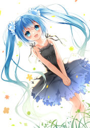 Rule 34 | 1girl, :d, absurdly long hair, bare arms, bare shoulders, black dress, blue eyes, blue hair, blush, collarbone, commentary request, dress, dutch angle, hair between eyes, hair ornament, hair scrunchie, hatsune miku, long hair, looking at viewer, open mouth, scrunchie, sleeveless, sleeveless dress, smile, solo, standing, sundress, twintails, v arms, very long hair, vocaloid, white background, white scrunchie, xia xiang (ozicha)