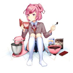 Rule 34 | 1girl, blush, bowl, brand name imitation, chocolate making, collared shirt, commentary, doki doki literature club, feet, hair ornament, hairclip, highres, jacket, kneehighs, long sleeves, looking at viewer, mixer (cooking), mixing bowl, natsuki (doki doki literature club), no shoes, on floor, open mouth, pink eyes, pink hair, ribbon, satchely, school uniform, shirt, short hair, sitting, skirt, socks, solo, spatula, twintails, two side up, white shirt