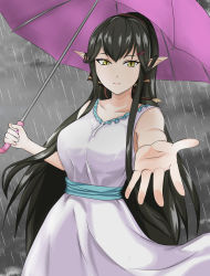 Rule 34 | 1girl, absurdres, alternate costume, black hair, breasts, casual, collarbone, commentary, contemporary, dress, english commentary, fate/grand order, fate (series), highres, holding, holding umbrella, large breasts, long hair, looking at viewer, outstretched hand, pointy ears, purple umbrella, rain, semiramis (fate), sleeveless, sleeveless dress, slit pupils, solo, tian kazuki, umbrella, very long hair, white dress, yellow eyes