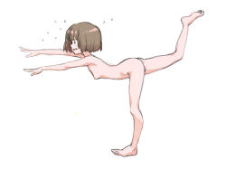 Rule 34 | 1girl, black eyes, breasts, brown hair, full body, highres, nude, open mouth, original, short hair, simple background, small breasts, solo, spread legs, standing, standing on one leg, white background