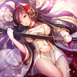 Rule 34 | 1girl, afloat, azur lane, cherry blossoms, commentary request, dolce (dolsuke), double-breasted, dress, flower, gloves, hair flower, hair ornament, hiei (azur lane), holding, holding sword, holding weapon, horns, in water, jacket, kanzashi, long hair, looking at viewer, parted lips, petals, purple hair, smile, solo, sword, tassel, weapon, wet, white gloves, yellow eyes