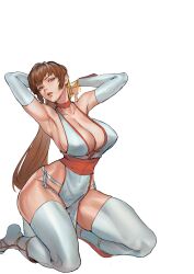 Rule 34 | 1girl, absurdres, armpits, arms behind head, breasts, brown eyes, brown hair, choker, cleavage, dead or alive, highres, kasumi (doa), kneeling, large breasts, legs, long hair, looking at viewer, open mouth, ponytail, thick thighs, thighhighs, thighs, white thighhighs
