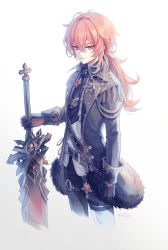 Rule 34 | 1boy, absurdres, blush, claymore (sword), closed mouth, diluc (genshin impact), fylus, genshin impact, gloves, greatsword, hair between eyes, highres, holding, jacket, long hair, long sleeves, male focus, ponytail, red eyes, red hair, shirt, sword, weapon, white background
