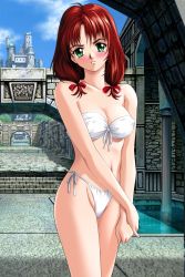 Rule 34 | 1girl, bandeau, bikini, blush, breasts, brown hair, cleavage, covered erect nipples, day, front-tie top, frown, game cg, green eyes, large breasts, mew (words worth), red hair, rin-sin, short hair, side-tie bikini bottom, solo, standing, strapless, swimsuit, tears, tube top, white bikini, words worth