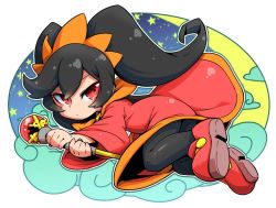 Rule 34 | 1girl, ashley (warioware), black hair, black pantyhose, cloud, crescent moon, dress, female focus, moon, nintendo, pantyhose, red background, red eyes, scepter, shoes, sky, solo, star (sky), starry sky, tokkyuu mikan, transparent background, twintails, warioware