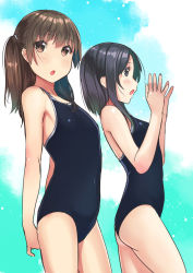 Rule 34 | 2girls, aqua background, ass, bare arms, bare shoulders, blue background, blue one-piece swimsuit, blush, brown eyes, brown hair, competition school swimsuit, cowboy shot, flat chest, from side, grey eyes, grey hair, highres, kagematsuri, looking at viewer, multiple girls, one-piece swimsuit, original, parted lips, school swimsuit, short hair, short hair with long locks, sideways mouth, standing, swimsuit, thighs, two side up