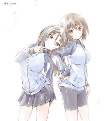 Rule 34 | 10s, 2girls, alternate costume, bike shorts, black shorts, blue jacket, blue skirt, brown eyes, brown hair, closed mouth, emblem, girls und panzer, hand on own hip, highres, jacket, keizoku military uniform, leaning on person, leaning to the side, long hair, long sleeves, looking at viewer, mika (girls und panzer), military, military uniform, miniskirt, multiple girls, nishizumi maho, pleated skirt, raglan sleeves, short hair, shorts, skirt, smile, standing, track jacket, twitter username, uniform, vri (tinder box)