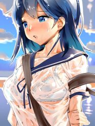 Rule 34 | 1girl, arms behind back, between breasts, black hair, blue eyes, blue neckerchief, blue sailor collar, blue sky, bra, bra visible through clothes, breasts, cloud, day, igarashi mangou, kantai collection, long hair, medium breasts, neckerchief, one-hour drawing challenge, open mouth, outdoors, sailor collar, school uniform, serafuku, shirt, sky, solo, strap between breasts, teeth, underwear, upper teeth only, ushio (kancolle), white bra, white shirt