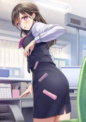 Rule 34 | 1girl, amagi shino, artist name, blush, brown hair, calendar (object), commentary request, dropping, eyelashes, half updo, highres, long hair, long sleeves, office, office lady, original, purple eyes, receptionist girl (amagi shino), shirt, signature, skirt, solo, standing, surprised, vest, white shirt