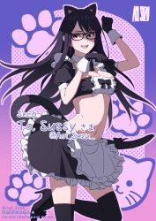 Rule 34 | 1girl, :d, animal ears, aoi suzu, apron, arm up, black-framed eyewear, black footwear, black gloves, black hair, black shirt, black skirt, black thighhighs, bow, bowtie, breasts, cat ears, cat tail, commission, crop top, detached collar, fake animal ears, fake tail, floating hair, frilled apron, frilled shirt, frilled skirt, frills, glasses, gloves, hairband, hand up, high heels, highres, leg up, long hair, looking at viewer, maid, maid apron, medium breasts, midriff, miniskirt, navel, open mouth, original, paw pose, purple eyes, raised eyebrow, shaded face, shirt, short sleeves, skeb commission, skirt, smile, solo, stomach, tail, thighhighs, waist apron, zettai ryouiki