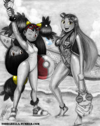 Rule 34 | 2girls, ball, barefoot, beach, beachball, bikini, breasts, casual one-piece swimsuit, colored sclera, creatures (company), crossover, dc comics, feet, female focus, full body, game freak, happy, highres, iris (pokemon), long hair, looking at viewer, multiple girls, nintendo, one-piece swimsuit, one eye closed, outdoors, partially colored, pokemon, red eyes, shoes, signature, sky, smile, sneakers, starfire, swimsuit, teen titans, todd l. milhouse, very long hair, watermark, web address, wink, yellow sclera
