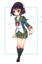 Rule 34 | 1girl, black footwear, black hair, black socks, bow, commentary request, drawstring, green jacket, green skirt, hair bow, hair ribbon, ishigaki (kancolle), jacket, kantai collection, kneehighs, leaning forward, long sleeves, looking at viewer, mary janes, neck ribbon, pleated skirt, pom pom (clothes), red bow, red eyes, red ribbon, ribbon, school uniform, serafuku, shoes, short hair, skirt, smile, socks, solo, totoppo, white bow, white ribbon