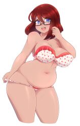 Rule 34 | 1girl, absurdres, alpha transparency, bad source, bikini, blue eyes, blush, breasts, character request, cherry print, collarbone, copyright request, cropped legs, food print, glasses, hair between eyes, highres, large breasts, leaning forward, lips, looking at viewer, navel, open mouth, plump, red hair, semi-rimless eyewear, simple background, solo, swimsuit, tareme, the scarlet devil, thick thighs, thighs, transparent background, under-rim eyewear, white bikini