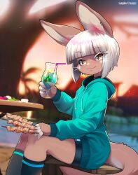 Rule 34 | 1girl, 2023, absurdres, beverages, brown fur, cherry, claws, food, fruit, furry, furry female, highres, jacket, looking at viewer, made in abyss, nanachi (made in abyss), sitting, smile, socks, straw, tsampikos, white hair