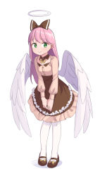 Rule 34 | 1girl, angel wings, black bow, black footwear, black skirt, bow, full body, green eyes, hair bow, halo, high-waist skirt, highres, leaning forward, long hair, long sleeves, looking at viewer, mary janes, original, pantyhose, pink hair, saiste, shoes, simple background, skirt, smile, solo, v arms, white background, white pantyhose, wings