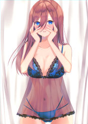 Rule 34 | 1girl, absurdres, alternate costume, bare shoulders, blue bra, blue eyes, blush, bra, breasts, brown hair, cleavage, collarbone, cowboy shot, go-toubun no hanayome, hair between eyes, hands on own face, hands up, highres, large breasts, lingerie, long hair, looking at viewer, nakano miku, navel, nose blush, panties, parted lips, see-through, standing, stomach, underwear, yuzukimeo