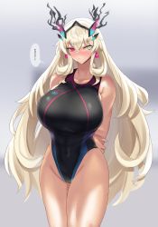 Rule 34 | 1girl, arms behind back, bare shoulders, black one-piece swimsuit, blonde hair, blush, breasts, collarbone, competition swimsuit, covered navel, earrings, barghest (fate), fate/grand order, fate (series), gachou, green eyes, heterochromia, highleg, highleg swimsuit, highres, horns, jewelry, large breasts, long hair, looking at viewer, one-piece swimsuit, red eyes, solo, swimsuit, thighs, thought bubble, translation request