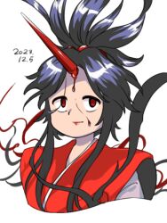 Rule 34 | 1girl, 2023, ambiguous red liquid, black hair, closed mouth, dated, horns, konngara (touhou), long hair, nonamejd, official style, red eyes, red horns, simple background, single horn, solo, touhou, touhou (pc-98), upper body, white background, zun (style)