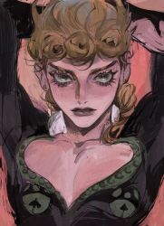 Rule 34 | 1boy, arms behind head, arms up, blonde hair, bug, cleavage cutout, clothing cutout, giorno giovanna, green eyes, highres, insect, jojo no kimyou na bouken, ladybug, male focus, pectorals, puppetjackmj, solo, vento aureo